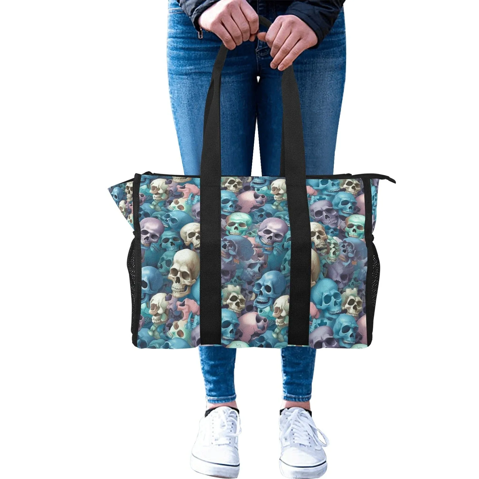 Blue And Pink Skulls Large Tote Bag
