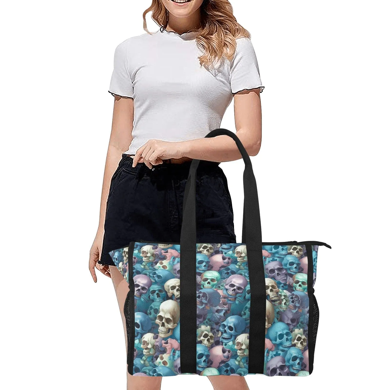 Blue And Pink Skulls Large Tote Bag