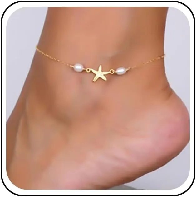 Bohemian Starfish Pearl Ankle Bracelet Gold Sea Star Pearl Anklet Chain Pearl Chain Anklets Starfish Pearl Anklets Summer Beach Foot Chain Jewelry for Women Gifts