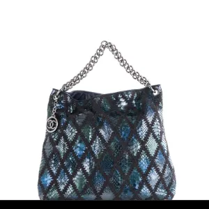 Chanel Modern Thick Chunky Chain Exotic Python Metallic Blue Hobo Slouchy Tote