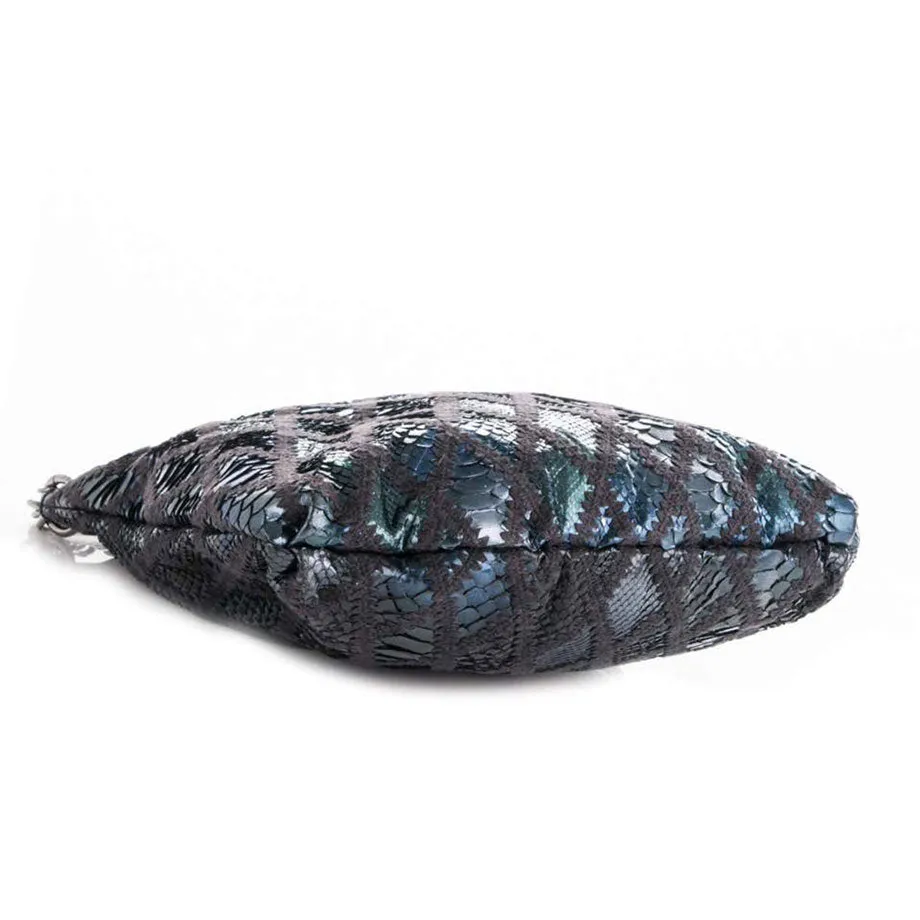 Chanel Modern Thick Chunky Chain Exotic Python Metallic Blue Hobo Slouchy Tote