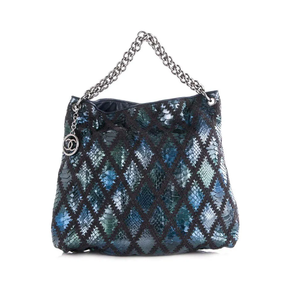 Chanel Modern Thick Chunky Chain Exotic Python Metallic Blue Hobo Slouchy Tote