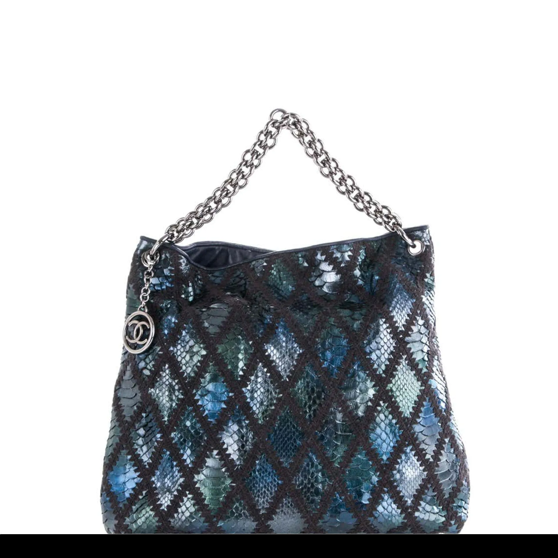 Chanel Modern Thick Chunky Chain Exotic Python Metallic Blue Hobo Slouchy Tote