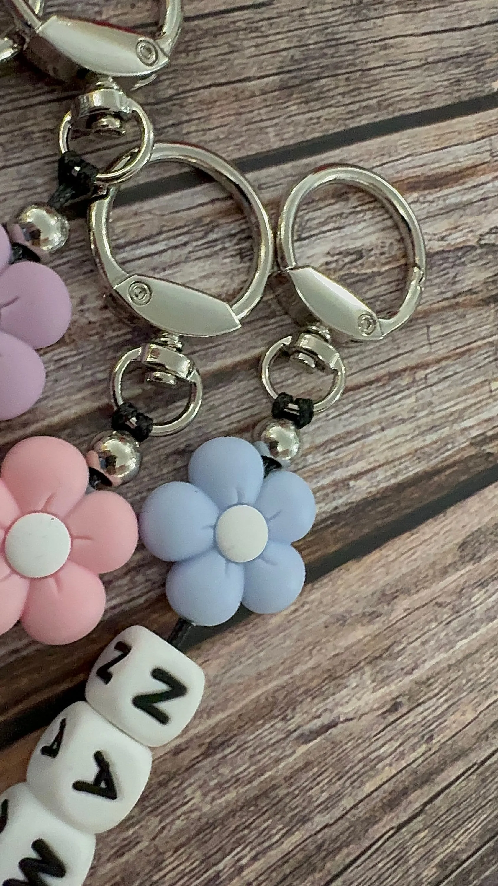 Custom Name Keychain with Teal Petal flower and Silicone Letter Beads