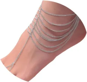 Gold Color Multilayer Tassel Chain Anklets for Women Silver Simple Chain Toe Ring Ankle Anklets for Women Barefoot Sandals Beach Foot Jewelry for Women Girl Teens