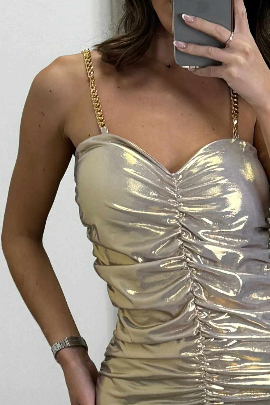 Louisa Gold Metallic Ruched Chain Mini Dress