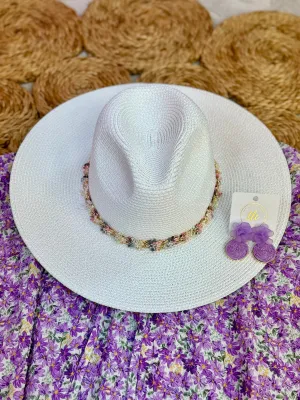 Sun Hat w/  Mixed Frayed Fabric Band - White