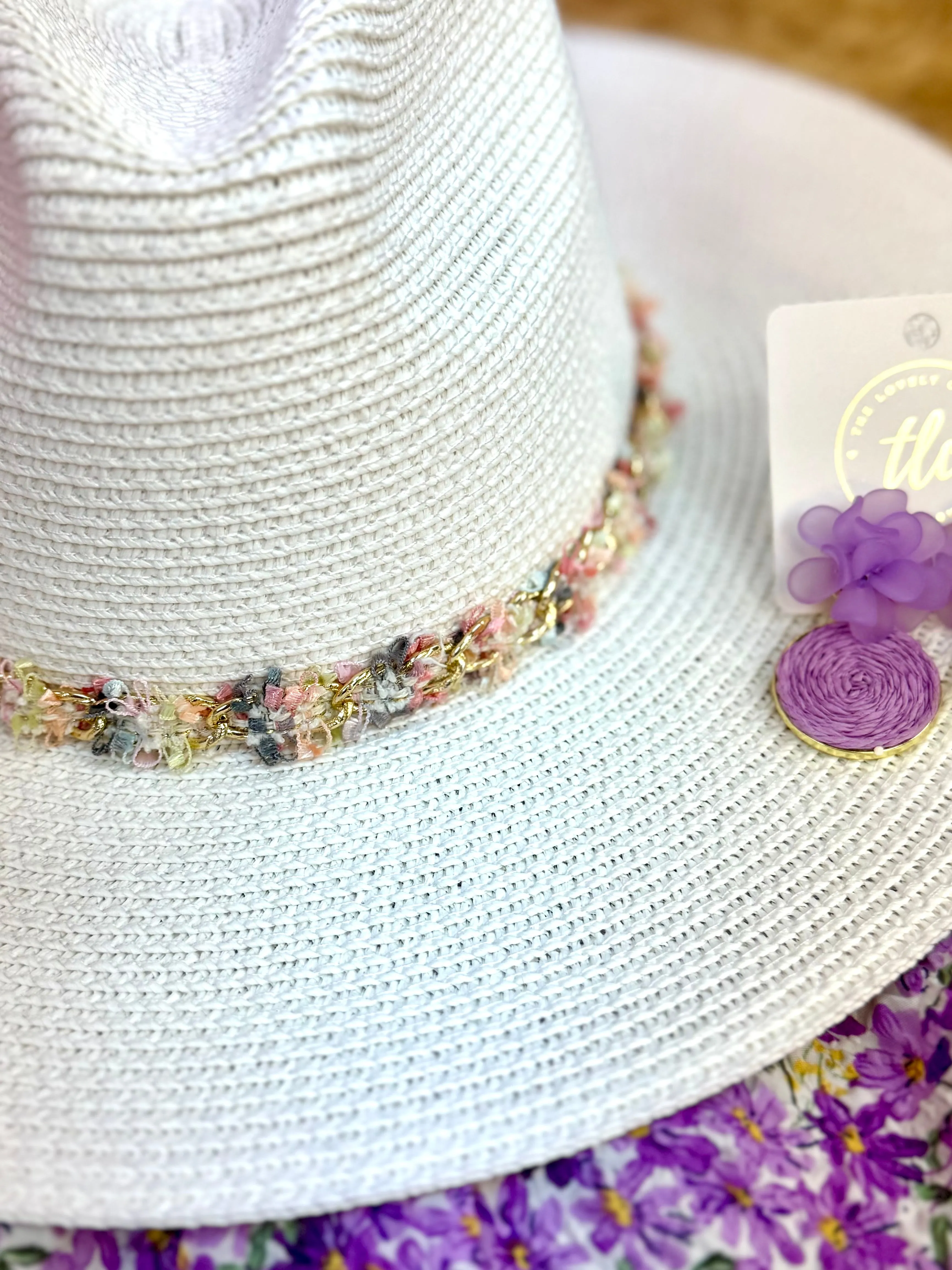 Sun Hat w/  Mixed Frayed Fabric Band - White